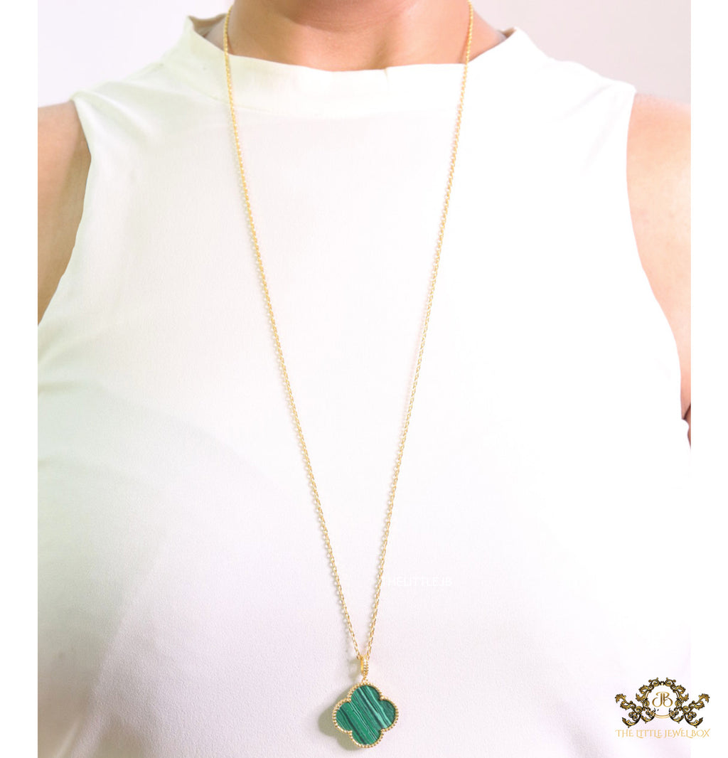 Malachite green clover pendant in gold plated chain