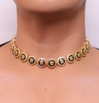 Gold plated Medusa motif on black circles necklace