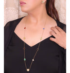 Multi colour clover heart and other shape charms on a sleek long gold plated chain with matching studs