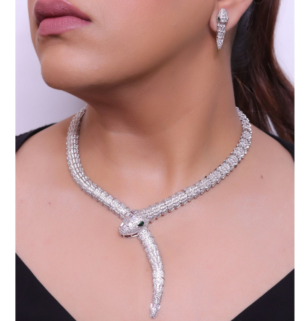 Platinum plated cubic zirconia stones ancient snake symbol necklace with matching studs