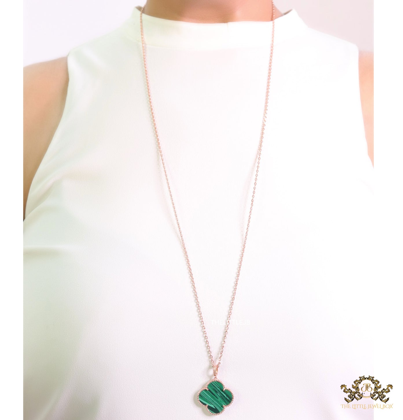 Malachite green clover pendant in rose gold plated chain
