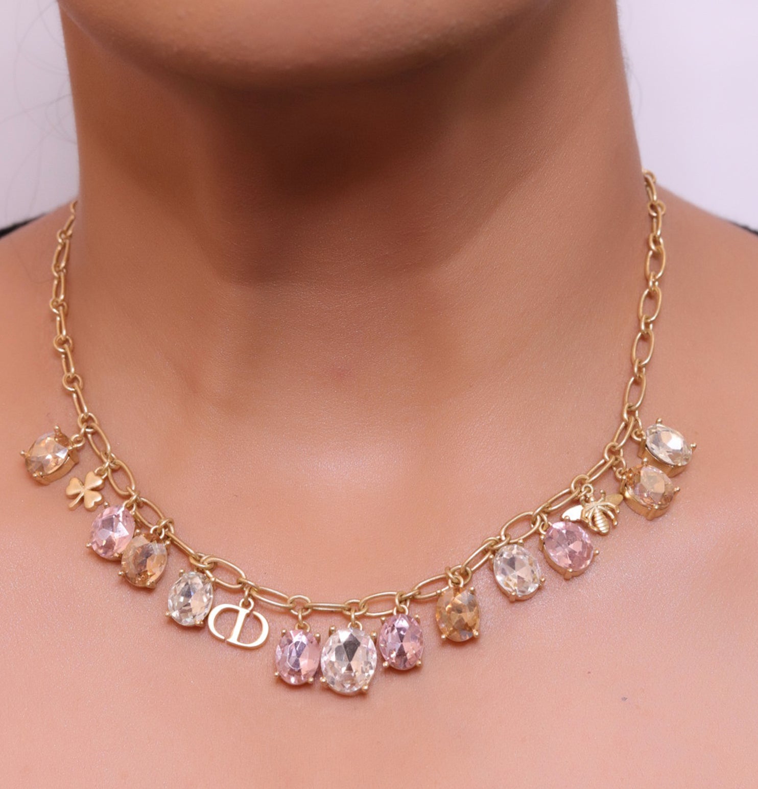 Gold plated link chain with semi precious stones charms and alphabet charm