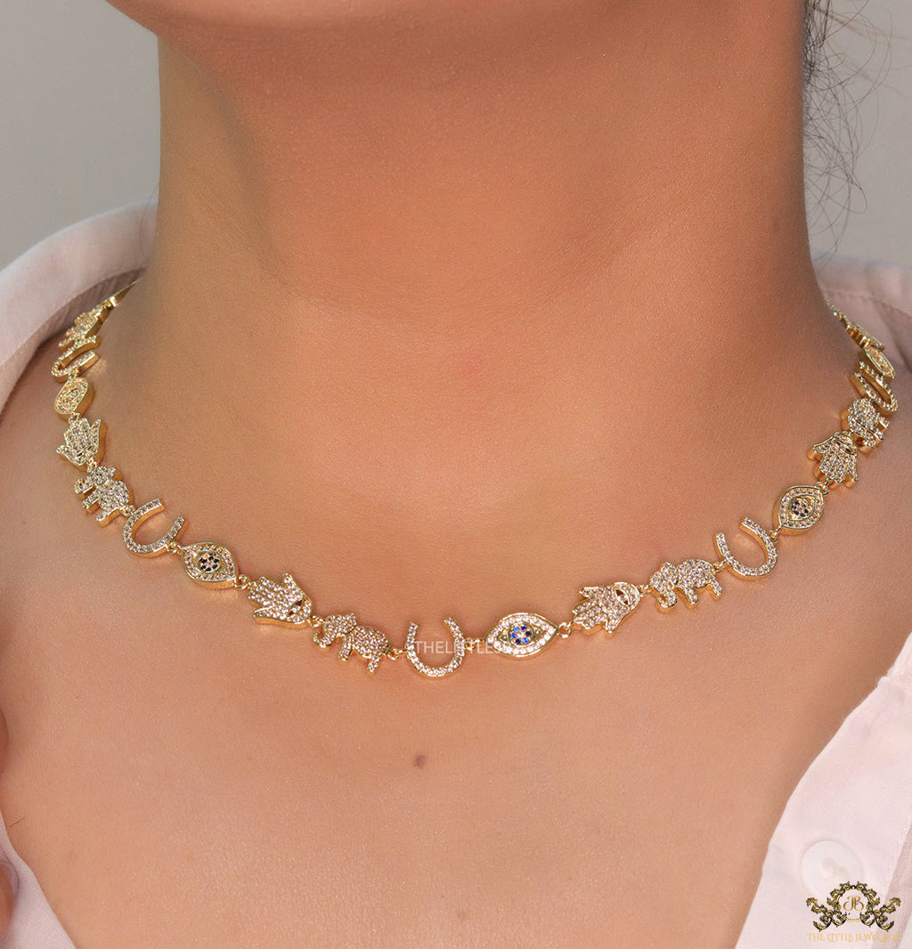 Choker style necklace with charms in gold finish