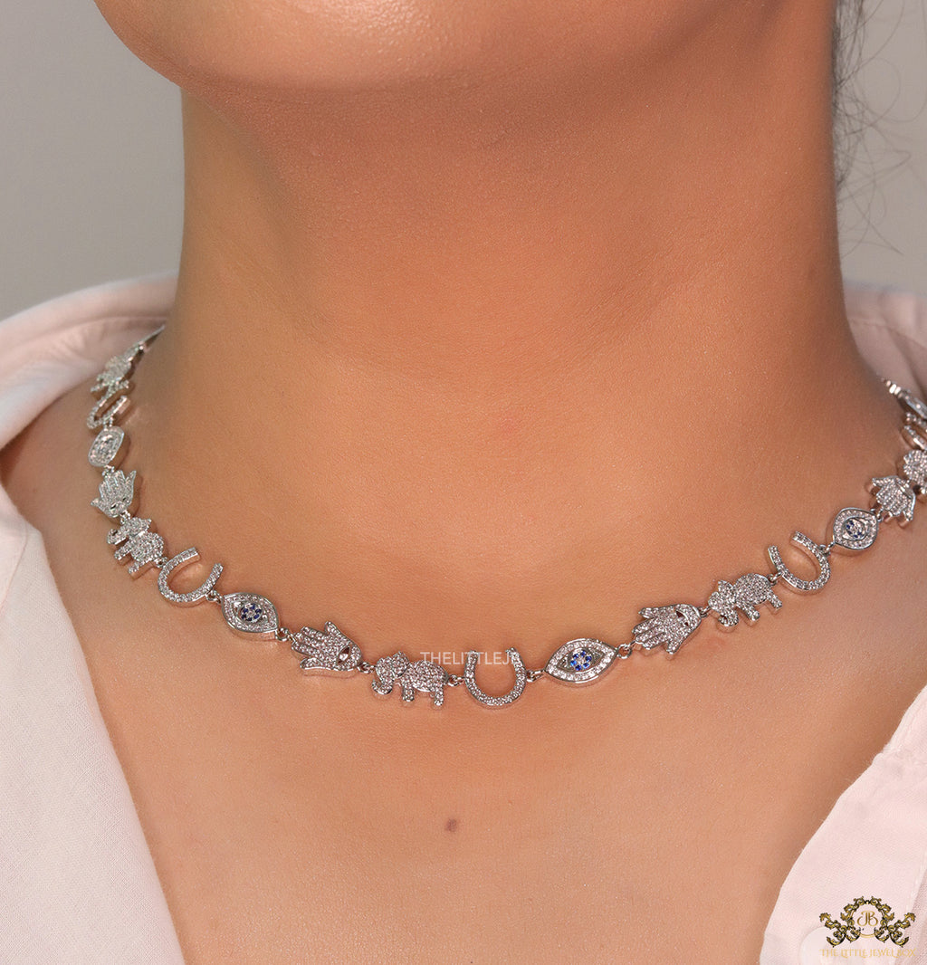 Choker style necklace with charms in platinum finish