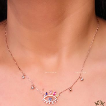 Rose gold plated chain cz evil eye necklace with multi colored stones