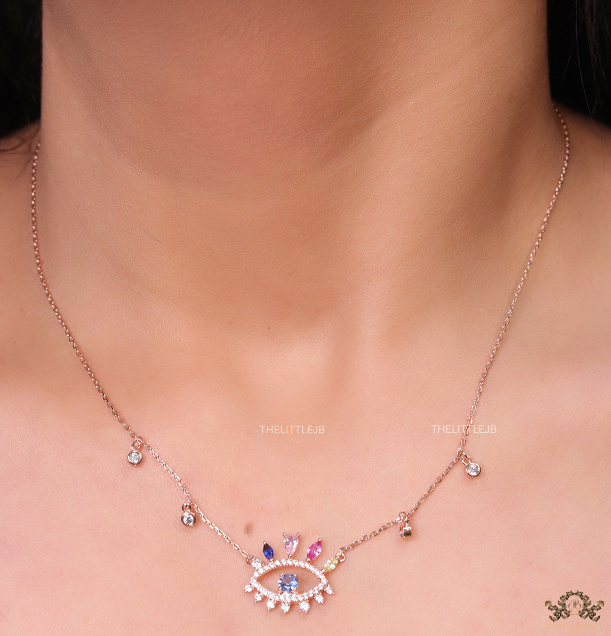 Rose gold plated chain cz evil eye necklace with multi colored stones