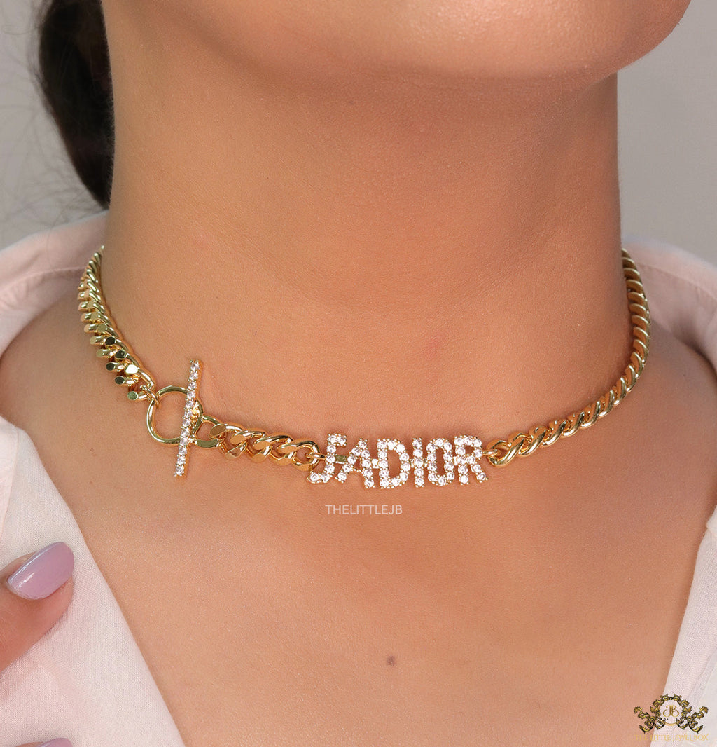 Chunky link chain necklace with cz alphabets
