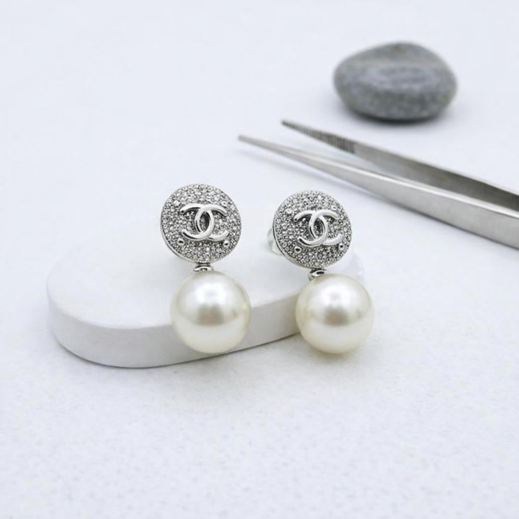 Double C Platinum Stud with CZ and Pearl Drop
