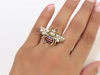 Double G open bee ring with coloured cz and pearls