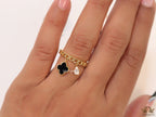 Gold plated link chain ring with black clover and cz drop
