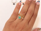Gold plated link chain ring with malachite green clover and cz drop