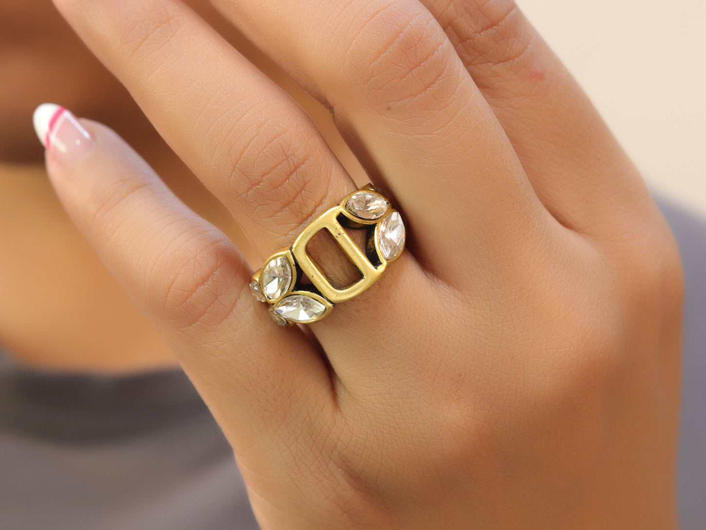Open golden D alphabet ring with fancy cz