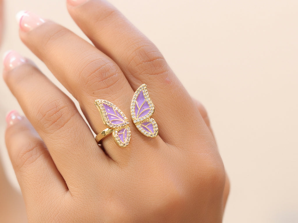 Lilac butterfly open ring with cz and gold plating