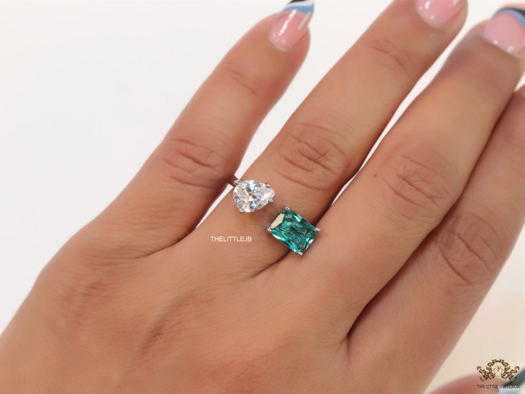 Top open rose gold ring with two asymmetrical czs