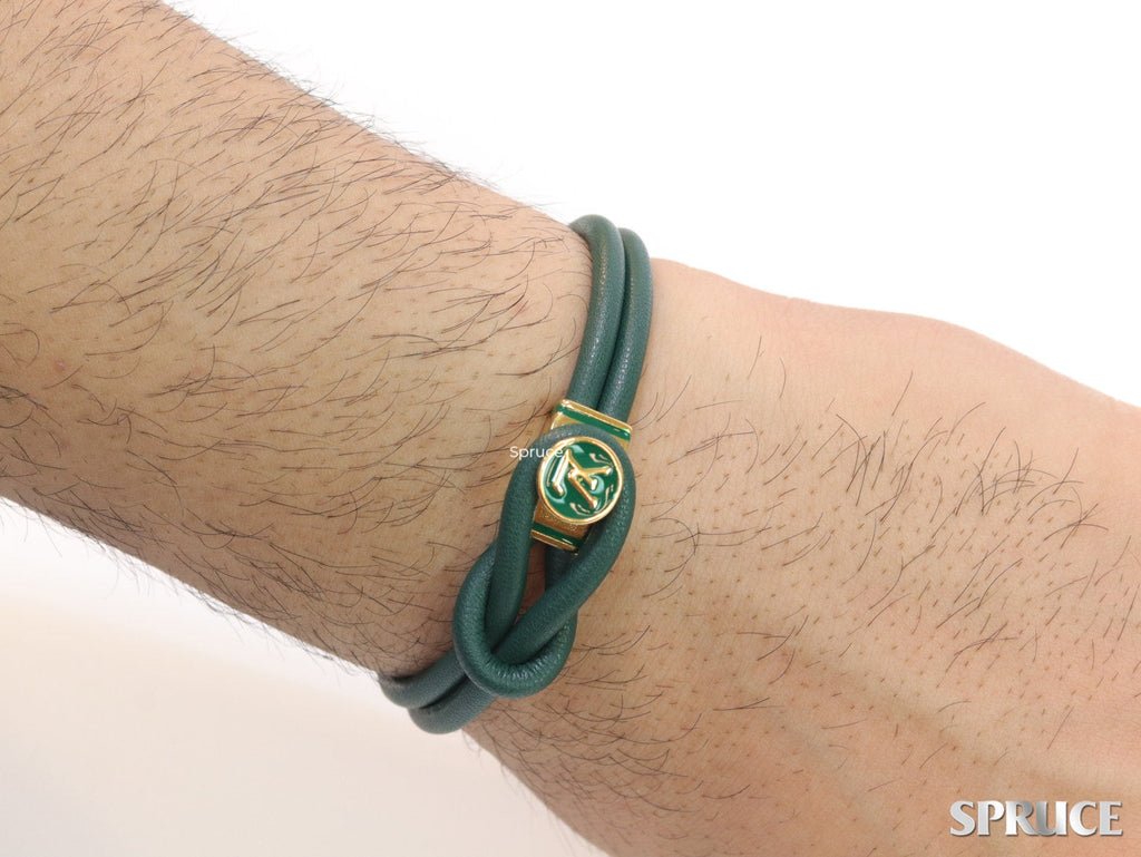 Green Leather Bracelet with golden alphabet motif