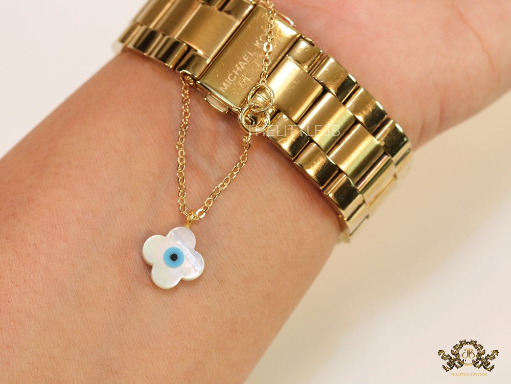 Clover leaf shaped mother of pearl watch charm with evil eye and gold plated chain