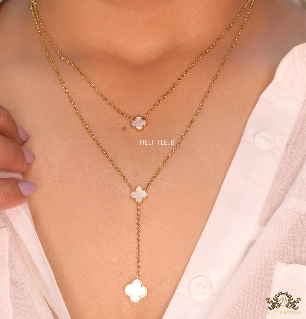 Dual chain necklace with white MOP clover in gold finish